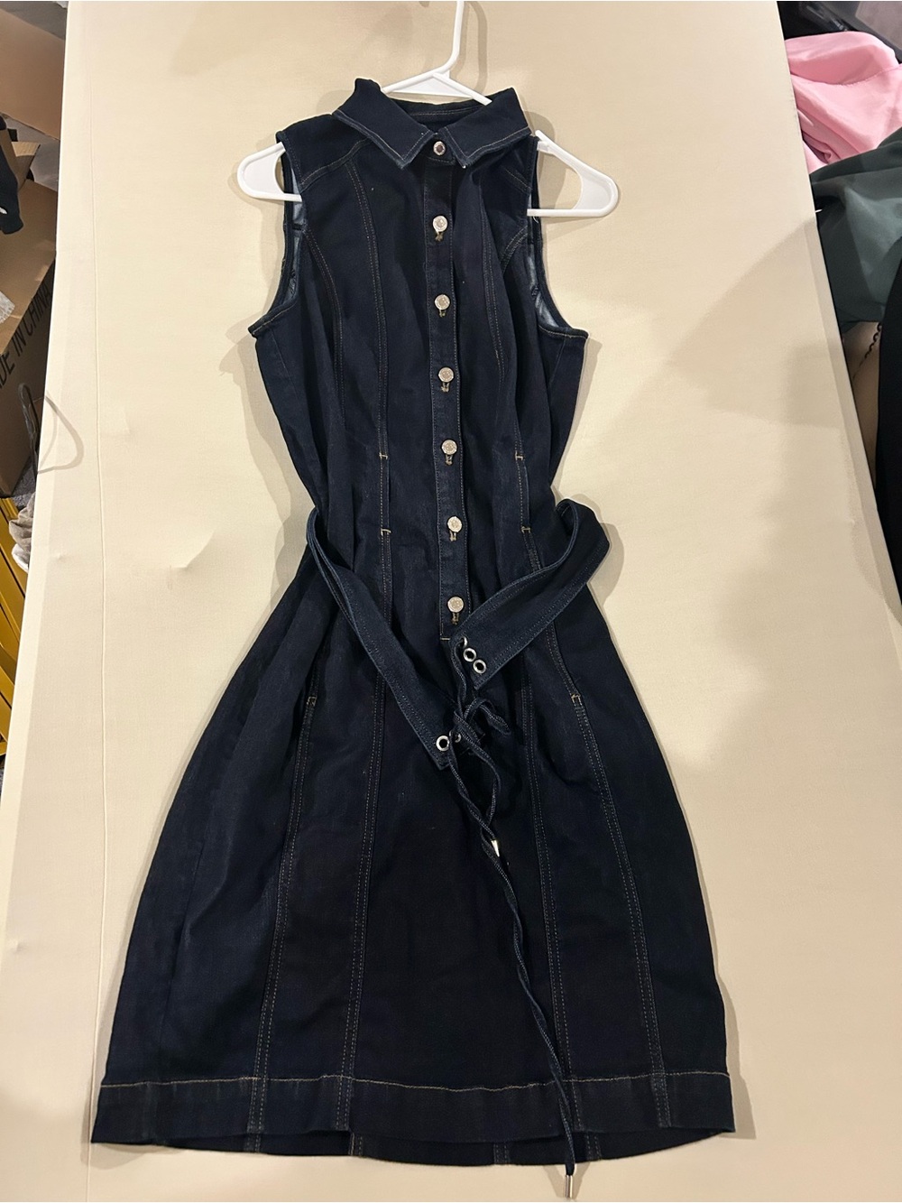 Sleeveless Dark Navy Denim Midi Dress with Tie Belt